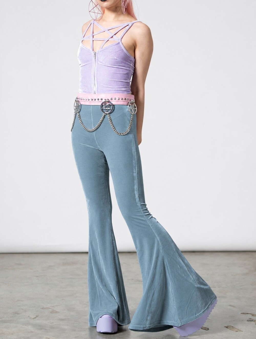 KILLSTAR Light Teal Velvet Flared Pants